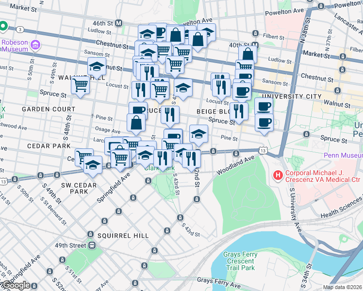 map of restaurants, bars, coffee shops, grocery stores, and more near 4224 Osage Avenue in Philadelphia