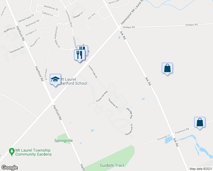 map of restaurants, bars, coffee shops, grocery stores, and more near 105A Harwood Court in Mount Laurel