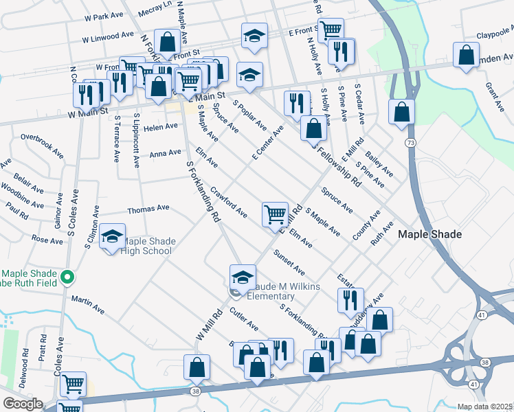 map of restaurants, bars, coffee shops, grocery stores, and more near 323 Elm Avenue in Maple Shade