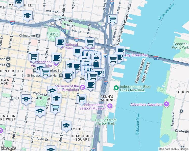 map of restaurants, bars, coffee shops, grocery stores, and more near 51 North 3rd Street in Philadelphia