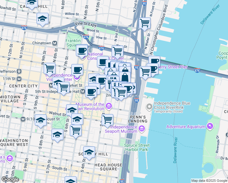 map of restaurants, bars, coffee shops, grocery stores, and more near 51 North 3rd Street in Philadelphia
