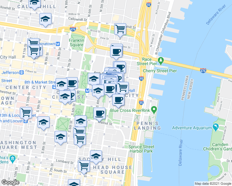 map of restaurants, bars, coffee shops, grocery stores, and more near 30 North 3rd Street in Philadelphia