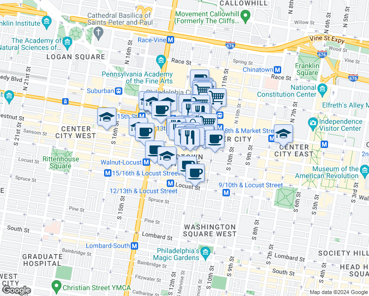 map of restaurants, bars, coffee shops, grocery stores, and more near 12 South 12th Street in Philadelphia