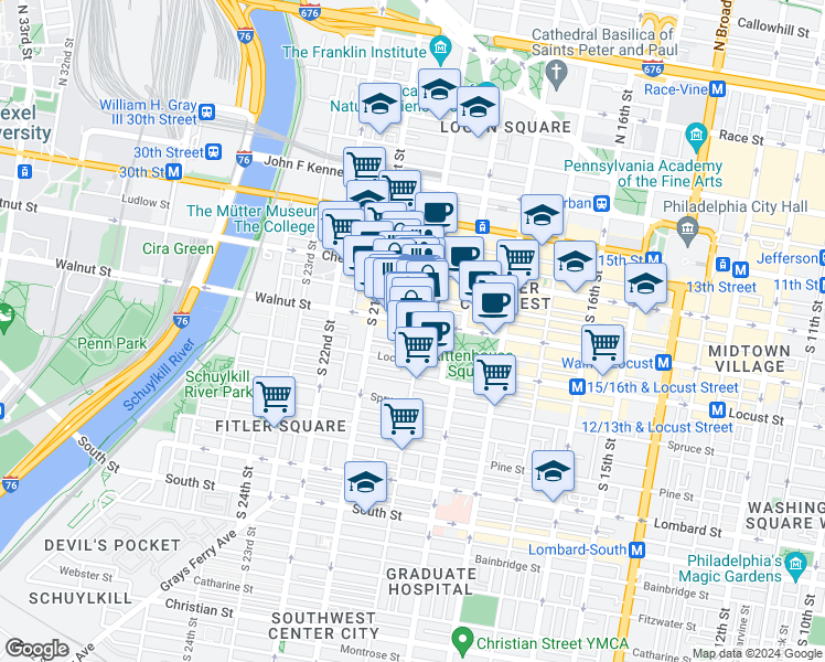 map of restaurants, bars, coffee shops, grocery stores, and more near 1998 Moravian Street in Philadelphia