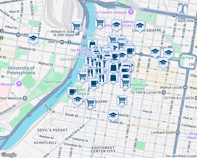 map of restaurants, bars, coffee shops, grocery stores, and more near in Philadelphia