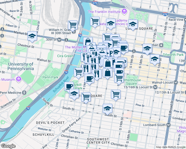 map of restaurants, bars, coffee shops, grocery stores, and more near 2218 Saint James Street in Philadelphia