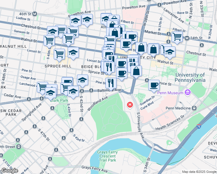 map of restaurants, bars, coffee shops, grocery stores, and more near 3940 Delancey Street in Philadelphia