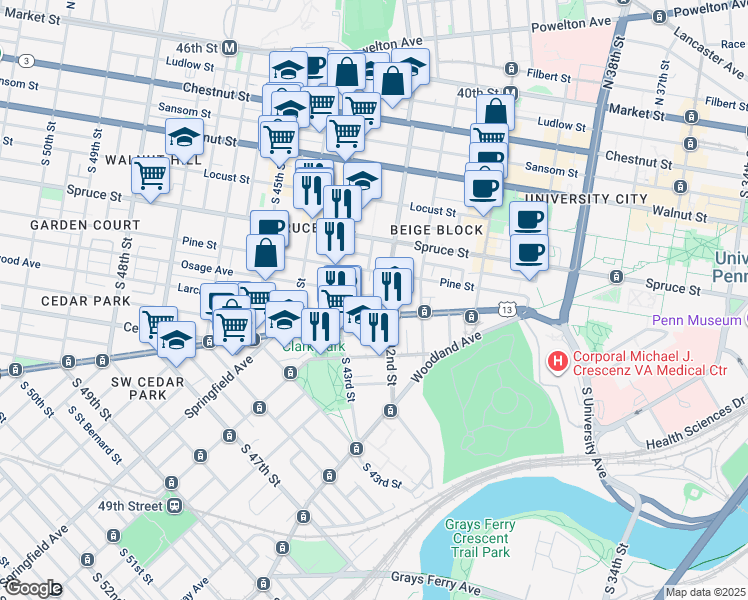 map of restaurants, bars, coffee shops, grocery stores, and more near 4208 Osage Avenue in Philadelphia