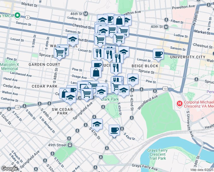 map of restaurants, bars, coffee shops, grocery stores, and more near 4428 Pine Street in Philadelphia