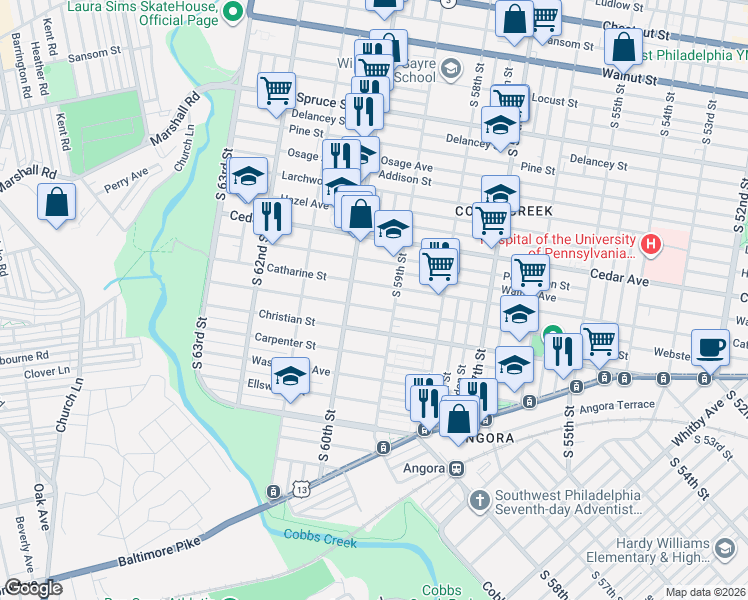map of restaurants, bars, coffee shops, grocery stores, and more near 5913 Catharine Street in Philadelphia