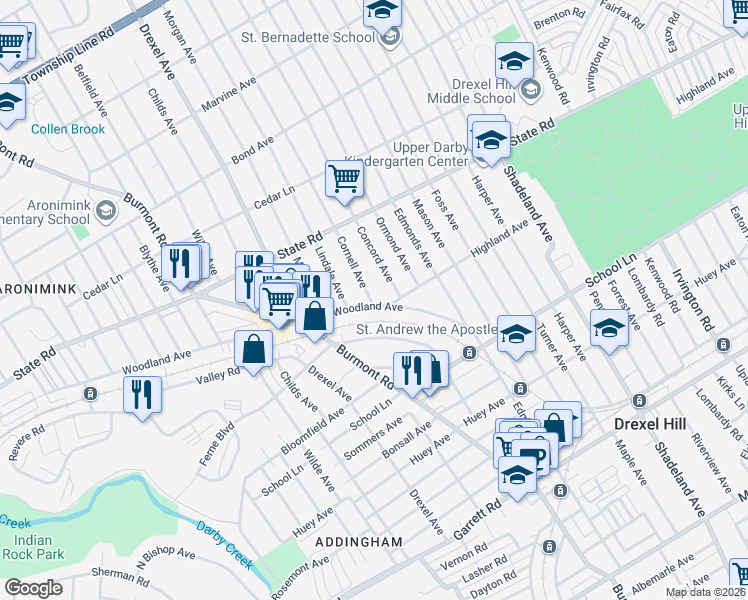 map of restaurants, bars, coffee shops, grocery stores, and more near in Delaware County