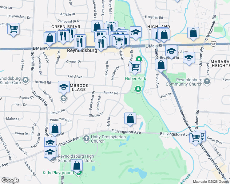 map of restaurants, bars, coffee shops, grocery stores, and more near 7080 Bartlett Road in Reynoldsburg