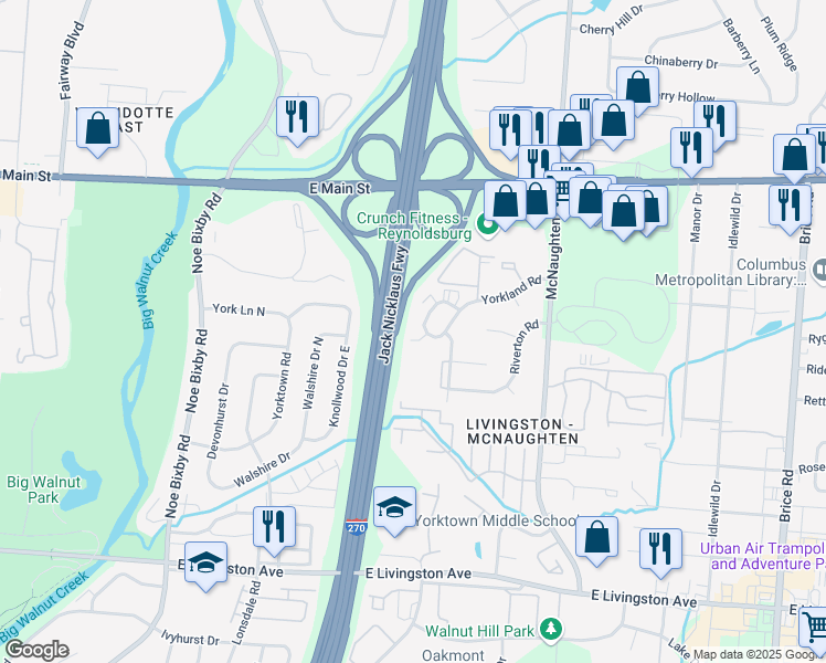 map of restaurants, bars, coffee shops, grocery stores, and more near 1387 Orchard Park Drive in Columbus