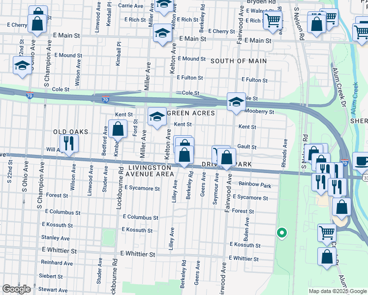 map of restaurants, bars, coffee shops, grocery stores, and more near 756 Lilley Avenue in Columbus