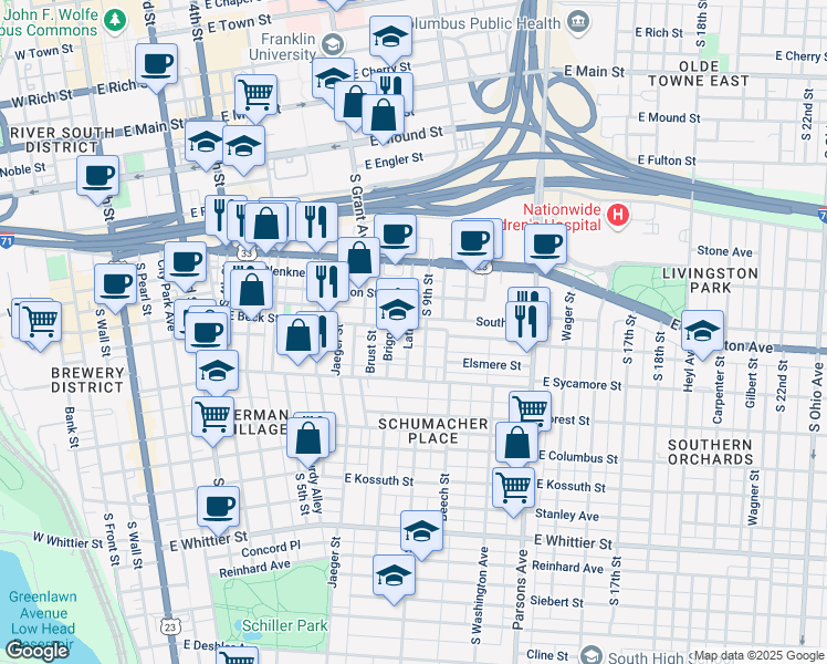 map of restaurants, bars, coffee shops, grocery stores, and more near 603 Lathrop Street in Columbus