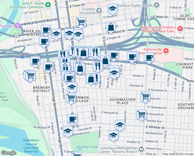 map of restaurants, bars, coffee shops, grocery stores, and more near 295 Berger Alley in Columbus