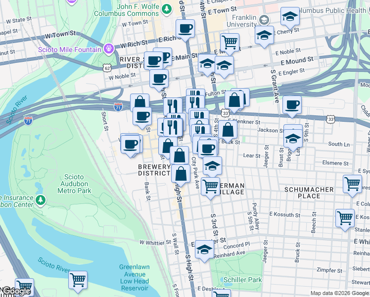 map of restaurants, bars, coffee shops, grocery stores, and more near 556 City Park Avenue in Columbus