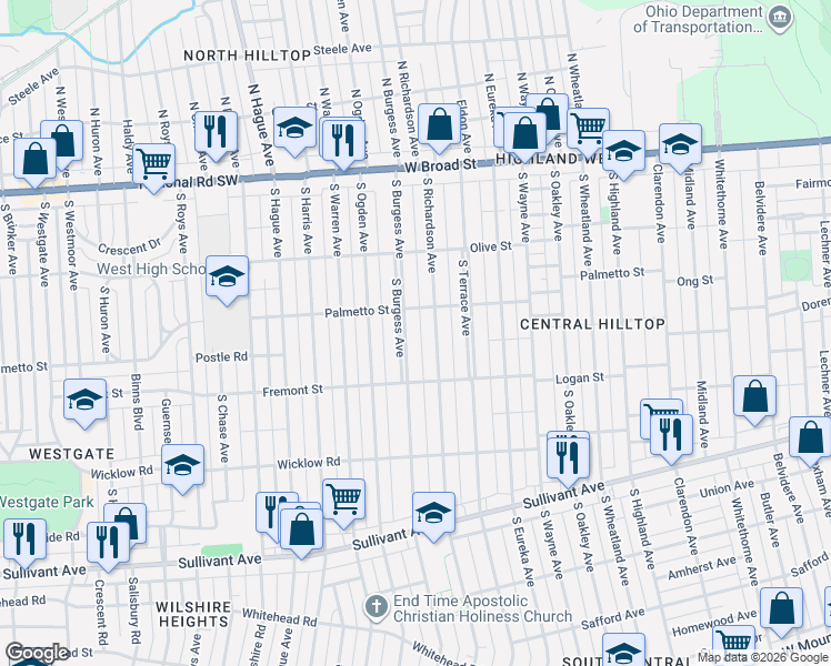 map of restaurants, bars, coffee shops, grocery stores, and more near 206 South Burgess Avenue in Columbus