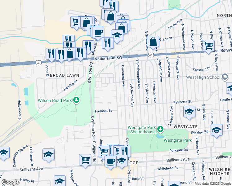 map of restaurants, bars, coffee shops, grocery stores, and more near 181 Derrer Road in Columbus