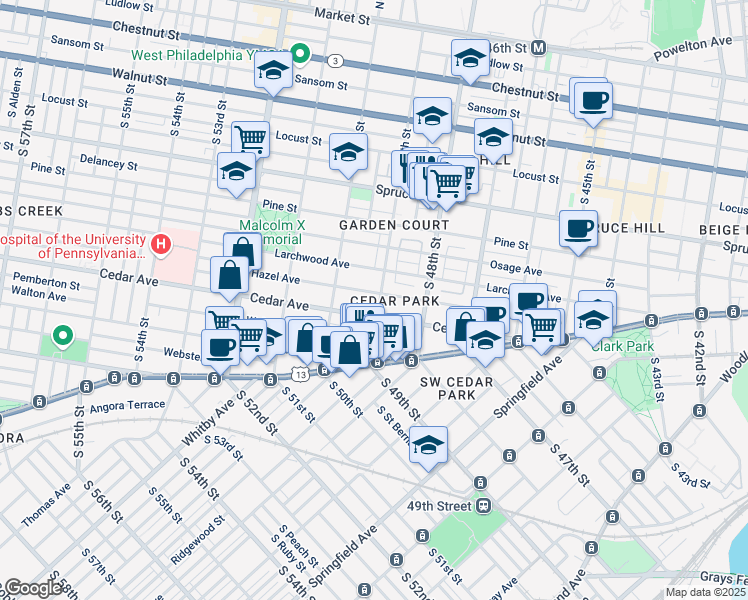 map of restaurants, bars, coffee shops, grocery stores, and more near 544 South 49th Street in Philadelphia