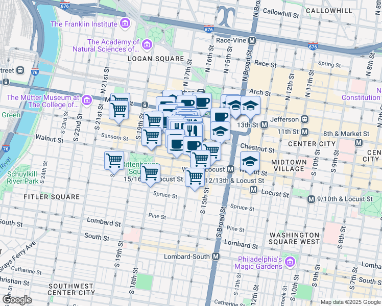 map of restaurants, bars, coffee shops, grocery stores, and more near 1616 Chestnut Street in Philadelphia