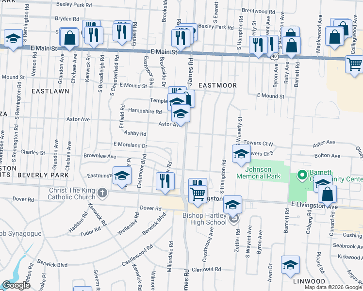 map of restaurants, bars, coffee shops, grocery stores, and more near 1013 South James Road in Columbus