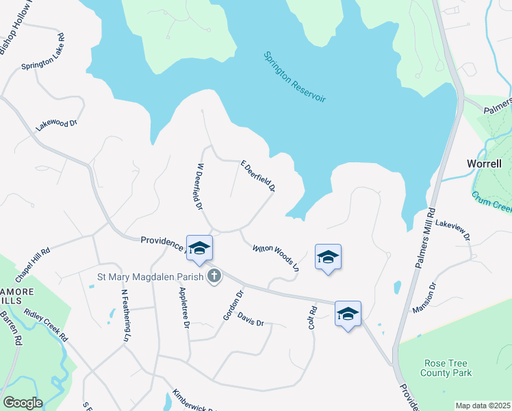 map of restaurants, bars, coffee shops, grocery stores, and more near 2273 East Deerfield Drive in Media