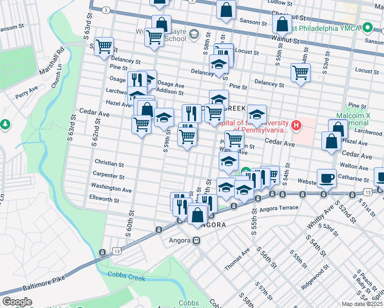 map of restaurants, bars, coffee shops, grocery stores, and more near 701 South 58th Street in Philadelphia