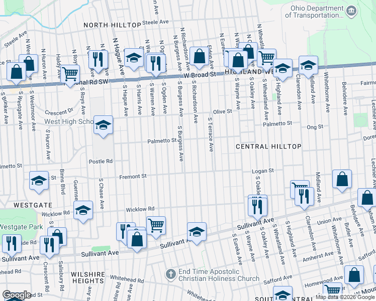 map of restaurants, bars, coffee shops, grocery stores, and more near 206 South Burgess Avenue in Columbus