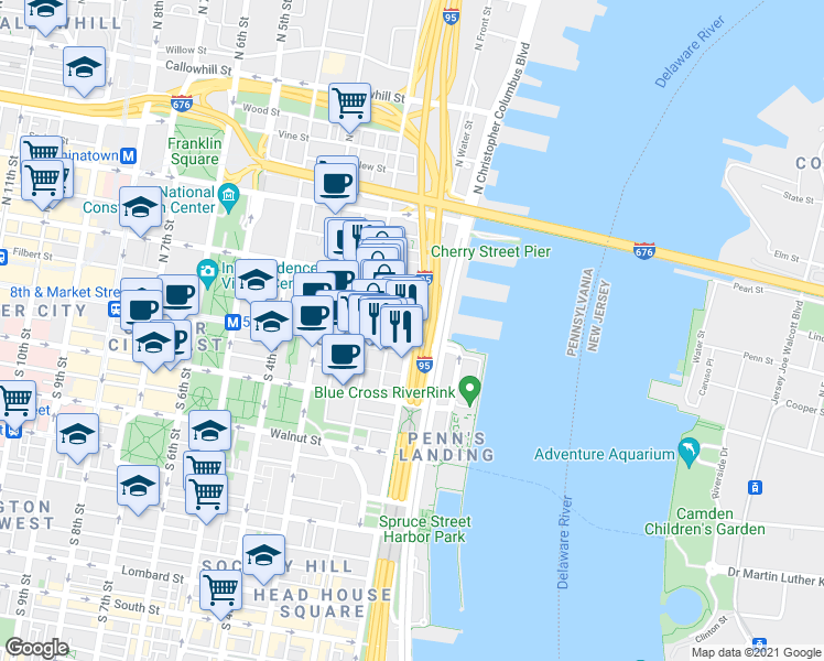 map of restaurants, bars, coffee shops, grocery stores, and more near N Front St & Church St in Philadelphia