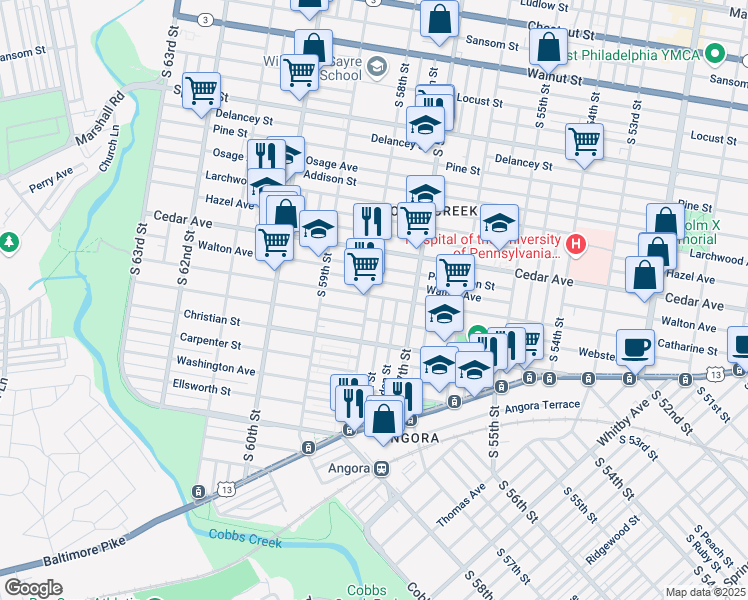 map of restaurants, bars, coffee shops, grocery stores, and more near 701 South 58th Street in Philadelphia