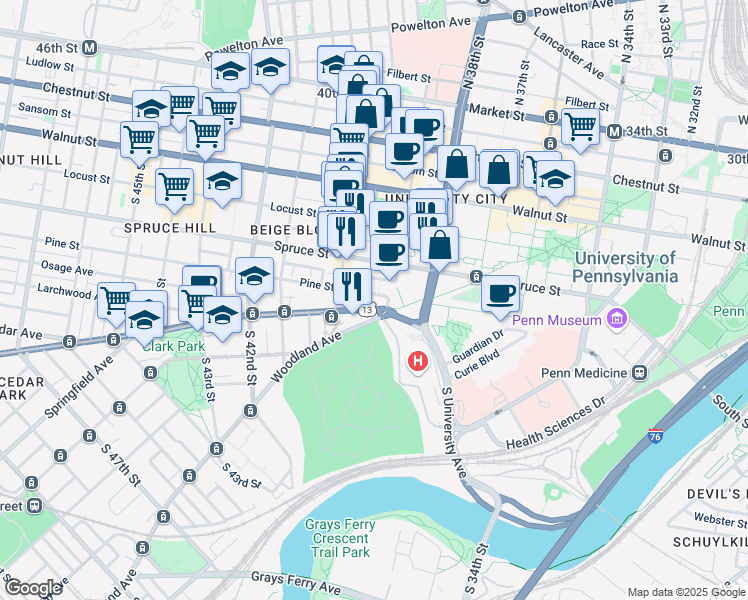 map of restaurants, bars, coffee shops, grocery stores, and more near 3940 Delancey Street in Philadelphia