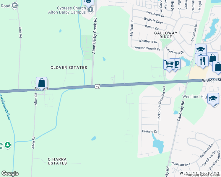 map of restaurants, bars, coffee shops, grocery stores, and more near 6145 West Broad Street in Galloway
