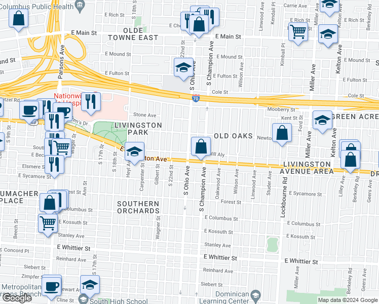 map of restaurants, bars, coffee shops, grocery stores, and more near 726 South Ohio Avenue in Columbus