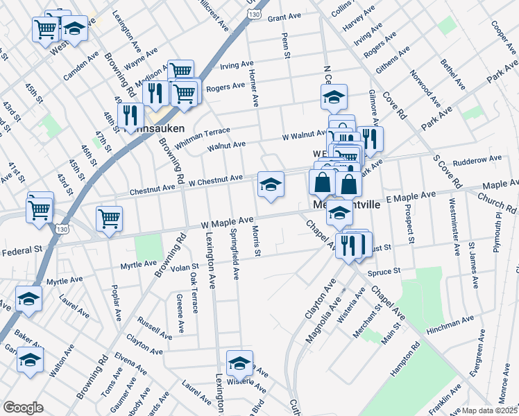 map of restaurants, bars, coffee shops, grocery stores, and more near 73 West Maple Avenue in Merchantville
