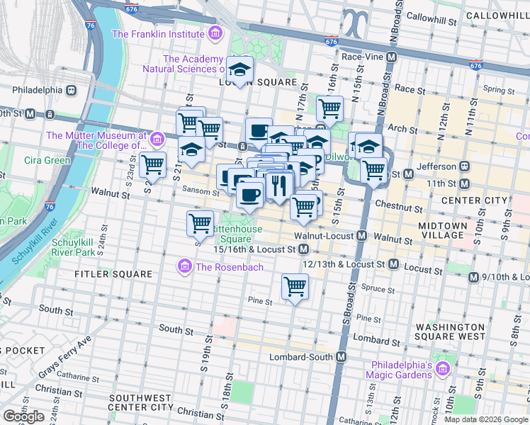 map of restaurants, bars, coffee shops, grocery stores, and more near 1729 Sansom Street in Philadelphia