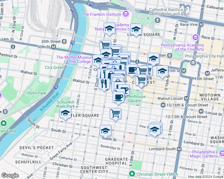 map of restaurants, bars, coffee shops, grocery stores, and more near 2018-32 Walnut Street in Philadelphia