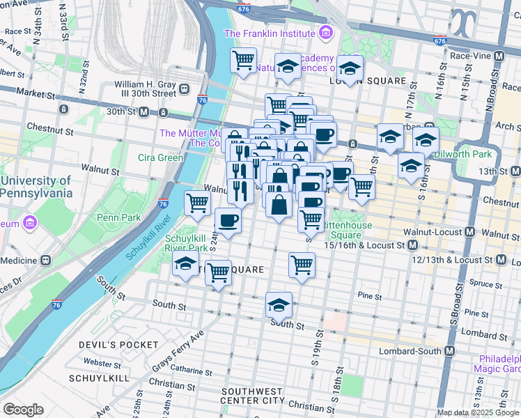 map of restaurants, bars, coffee shops, grocery stores, and more near 2135 Saint James street in Philadelphia