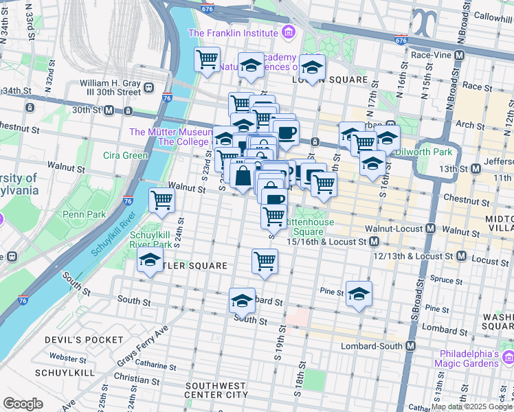 map of restaurants, bars, coffee shops, grocery stores, and more near 2018-32 Walnut Street in Philadelphia