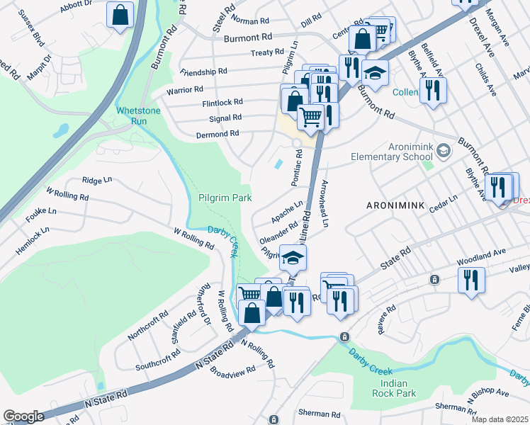 map of restaurants, bars, coffee shops, grocery stores, and more near 5256 Reservation Road in Drexel Hill