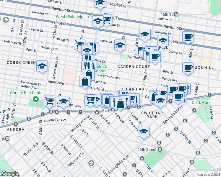 map of restaurants, bars, coffee shops, grocery stores, and more near 5013 Cedar Avenue in Philadelphia