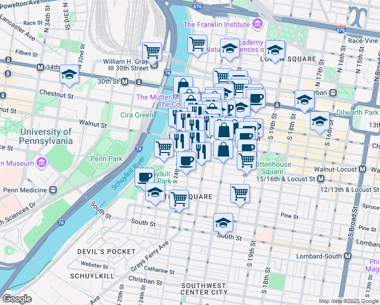 map of restaurants, bars, coffee shops, grocery stores, and more near 220 South 23rd Street in Philadelphia