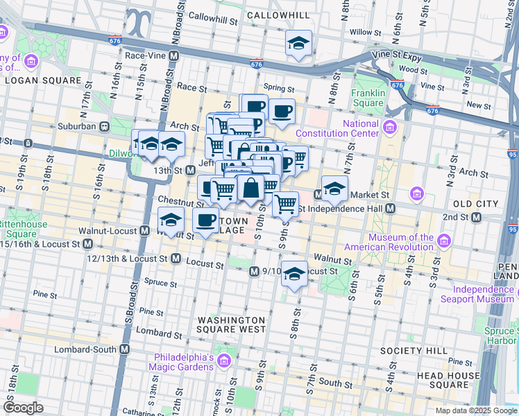 map of restaurants, bars, coffee shops, grocery stores, and more near 1001 Chestnut Street in Philadelphia