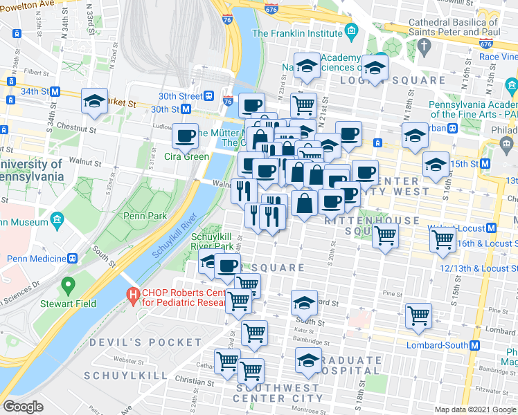 map of restaurants, bars, coffee shops, grocery stores, and more near 220 South 23rd Street in Philadelphia