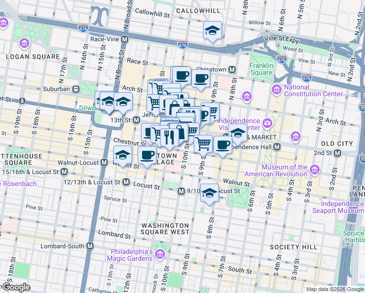 map of restaurants, bars, coffee shops, grocery stores, and more near 1001 Chestnut Street in Philadelphia