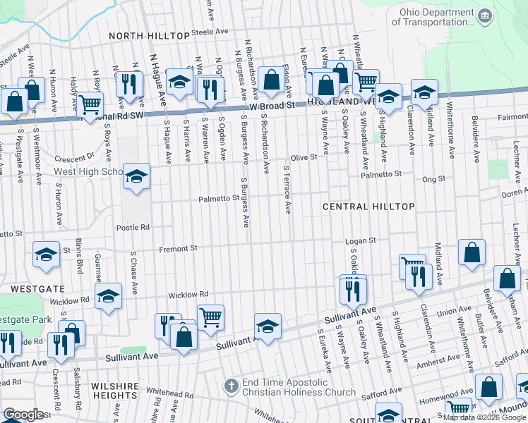 map of restaurants, bars, coffee shops, grocery stores, and more near 206 South Burgess Avenue in Columbus