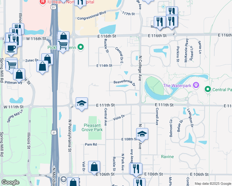 map of restaurants, bars, coffee shops, grocery stores, and more near 596 Burr Oak Drive in Carmel