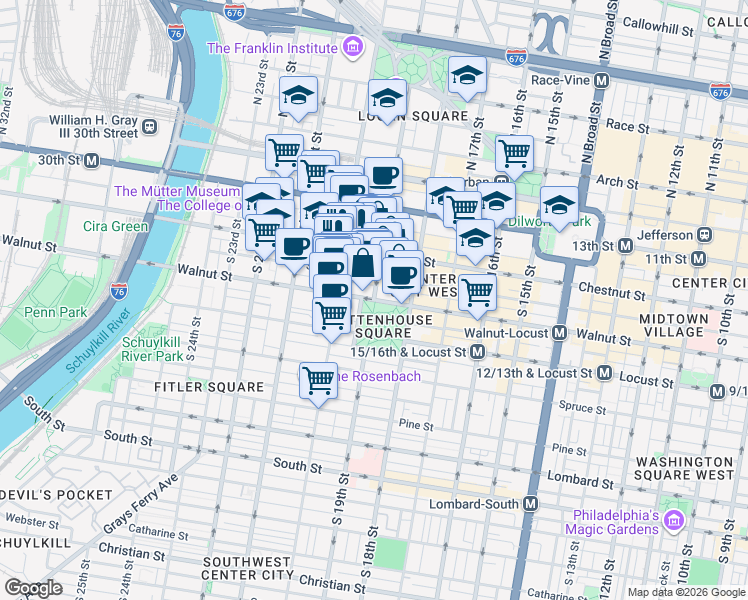 map of restaurants, bars, coffee shops, grocery stores, and more near Walnut Street & South 19th Street in Philadelphia