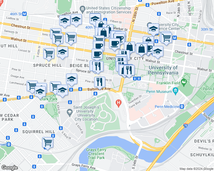 map of restaurants, bars, coffee shops, grocery stores, and more near 3922 Pine Street in Philadelphia