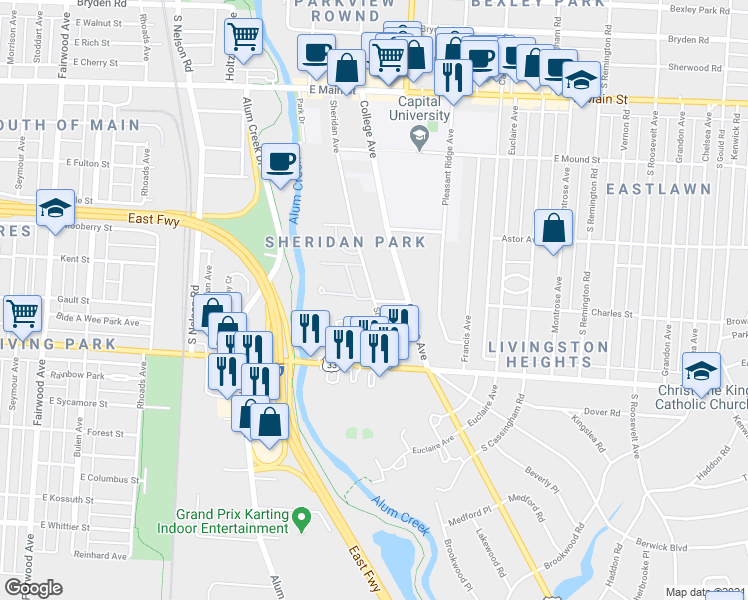 map of restaurants, bars, coffee shops, grocery stores, and more near Charles St & Sheridan Ave in Bexley
